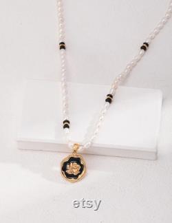 18K Gold Drip Glaze Black Onyx Natural Pearl Beaded Pendent Necklace 18K Gold-Plated S925 Sterling Silver Simple Classic Jewelry