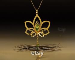 18K Gold Necklace Lotus Whisper with Peridots or other Gems Elf wedding flower pendant jewelry