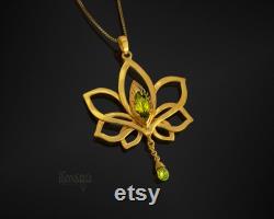 18K Gold Necklace Lotus Whisper with Peridots or other Gems Elf wedding flower pendant jewelry