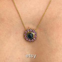 18K Handmade Solid Gold ''FLOWER PENDANT'' Pendant with Pink Sapphires and London Topaz