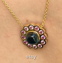 18K Handmade Solid Gold ''FLOWER PENDANT'' Pendant with Pink Sapphires and London Topaz