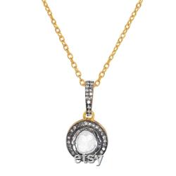 18k Micron Gold Plated Black Rhodium 925 Sterling Silver Natural Pave Diamond Polki Pendant and Necklace with Chain Fine Jewlery 12 mm Round