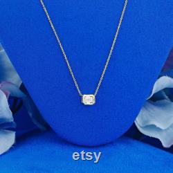 18k Solid Gold .40ct Natural Diamond Emerald Cut Solitaire Bezel Set Necklace
