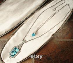 1930s ANTiQUe Aqua Blue Cut Crystal Necklace, Art Deco Bridal Jewelry, Silver Paste Rhinestone Pendant 20s Vintage 1920s Wedding Flapper