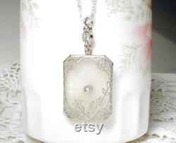 1930s ANTiQUe Camphor Glass Necklace, 1920s Art Nouveau Deco Silver Rhodium Filigree Rhinestone Pendant Bridal, Vintage Wedding Flapper