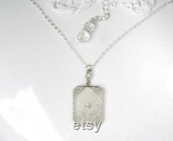 1930s ANTiQUe Camphor Glass Necklace, 1920s Art Nouveau Deco Silver Rhodium Filigree Rhinestone Pendant Bridal, Vintage Wedding Flapper