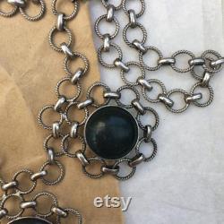 1960s Jade Silver Austrian Flower Design Chain Necklace Vintage Dark Forest Green Circular Links