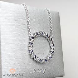 2.00 ct. Diamond and 3.00 ct. Genuine Blue Sapphire Circle Necklace 14K 18K White, Yellow, Rose Gold Marquise Sapphire Diamond Necklace