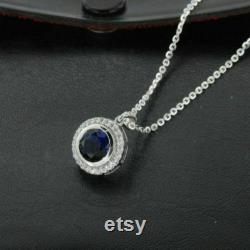 2.00Ct Blue Sapphire Diamond Round Cut Halo Pendant Necklace 14K White Gold Over