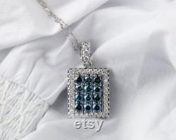 2.91CT Blue and White Diamond Bar Pendant Solid 14K Gold Polished Finish Fine Jewelry Free Shipping