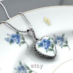 20th Anniversary China Gift for Wife, Sterling Silver Forget Me Not Necklace, Romantic Broken China Jewelry