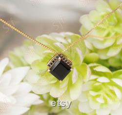3.21 ct Natural AAA Black Onyx princess Square Shape Gemstone dangle pendant chain, Black stone jewelry, Birthday anniversary Gift For wife