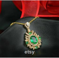 3.75 Ct Oval Cut Synthetic Green Emerald Halo Pendant 14K Yellow Gold Finish 18 Free Chain Valentine Gift Birthday Gift Anniversary Gift