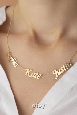 3 Name Necklace, Solid Gold Name Necklace, Mother's Day Gift, Family Name Necklace, 14k Solid Gold Personalized Necklace