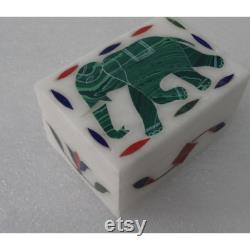 3 x2 x1.5 Inch White Marble Malachite Elephant Inlay Handmade Jewelry Box