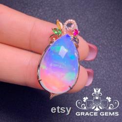 30CT 18K Rose Gold Huge Gem Genuine Opal Pendant with Diamond Ruby Sapphire Raw Stone Boulder Fire Opal Necklace Dragon Breath Opal Necklace
