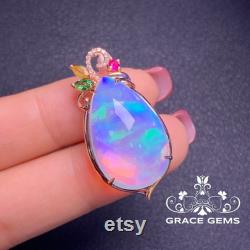 30CT 18K Rose Gold Huge Gem Genuine Opal Pendant with Diamond Ruby Sapphire Raw Stone Boulder Fire Opal Necklace Dragon Breath Opal Necklace