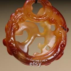 47728 Openwork Chinese agate carved dragon phoenix pendant