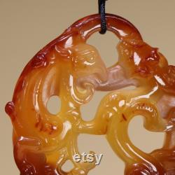 47728 Openwork Chinese agate carved dragon phoenix pendant