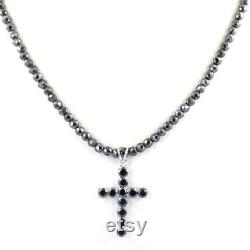 5 mm 20 Inches Sparkling Shinning Round Faceted Black Diamond Beads Necklace With Cross Pendant AAA Gift For Partner, Unisex jewelry