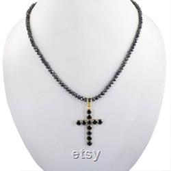 5 mm 20 Inches Sparkling Shinning Round Faceted Black Diamond Beads Necklace With Cross Pendant AAA Gift For Partner, Unisex jewelry
