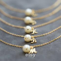 6 Gold Bridesmaid Bracelets, Charm Initial Jewelry, Custom Bridesmaid Gift Set of 6, Initial and Pearl Bracelet