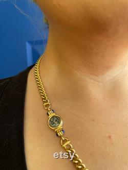 80's GIVENCHY Paris necklace, gold tone metal chain with 2 Roman face coins