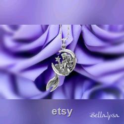 925 Silver Mermaid in the Moon Necklace Sterling Silver Mermaid Necklace Necklace with Mermaid in the Moon with Stars 925 Mermaid Pendant