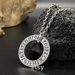 925 Sterling Silver Nordic Viking Rune Pendant Futhark Rune Amulet Fashion Round Necklace Unisex Vintage Birthday Commemorative Gift Jewelry