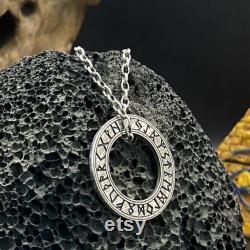 925 Sterling Silver Nordic Viking Rune Pendant Futhark Rune Amulet Fashion Round Necklace Unisex Vintage Birthday Commemorative Gift Jewelry