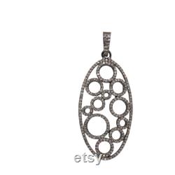 925 Sterling Silver Pave Diamond Graphical Oval Pendant Vintage Look Jewelry beautiful diamond pendant jewelry Oxidized Pendant Necklace