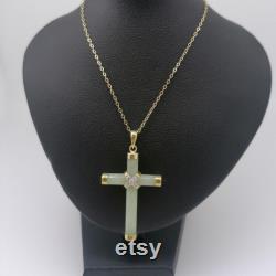 9ct Yellow Gold Jade Cross Pendant with Diamond Accents and Fine Belcher Chain