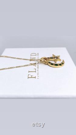 9ct gold emerald crescent moon and diamond star necklace diamond necklace minimalist necklace good luck charm necklace layering necklace