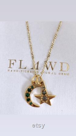 9ct gold emerald crescent moon and diamond star necklace diamond necklace minimalist necklace good luck charm necklace layering necklace