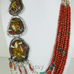 ABBN01 New Arrival Tibetan Natural Turquoise and Coral Handmade Hypoallergenic Ethnic Long Necklace
