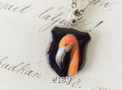 ANTIQUE Hand Painted Peach Flamingo Pendant, 835 Sterling Silver Austro Hungarian new ModestBirdyStudio miniature painting bird travel charm