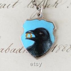 ANTIQUE Handmade, Raven With Gold Ring Pendant, 800 Sterling Silver Austro Hungarian, new ModestBirdyStudio miniature painting travel charm