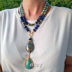 Amazonite lapis lazuli long pendant necklace Handmade jewelry Chunky statement bead unusual necklace Big bead necklace Christmas women gift