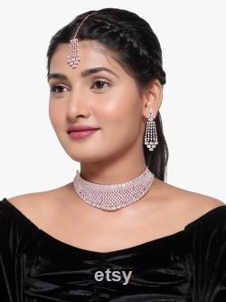 American diamond necklace set Ad bridal choker set with earrings engagement Choker rose gold polish silver polish Indian Jewelry Cz necklac