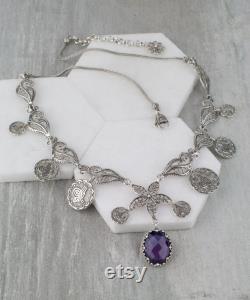 Amethyst Floral Silver Necklace 925 Sterling Designer Ottoman Seal-Tugra Coins 8 ct Gemstone, Limited Edition, Valentine Gift Boxed for her