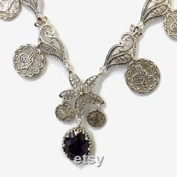 Amethyst Floral Silver Necklace 925 Sterling Designer Ottoman Seal-Tugra Coins 8 ct Gemstone, Limited Edition, Valentine Gift Boxed for her