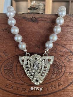 Antique Assemblage Necklace with Mid Century Rhinestone Dress Clip and Silver Grey Baroque Pearls