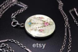 Antique Edwardian Large Round Solid Silver Pale Yellow Guilloche Enamel Locket with Pink and Blue Flowers on 58 Inch Long Guard Chain C1900