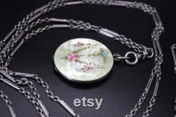 Antique Edwardian Large Round Solid Silver Pale Yellow Guilloche Enamel Locket with Pink and Blue Flowers on 58 Inch Long Guard Chain C1900