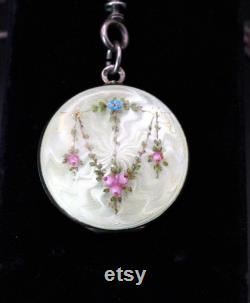 Antique Edwardian Large Round Solid Silver Pale Yellow Guilloche Enamel Locket with Pink and Blue Flowers on 58 Inch Long Guard Chain C1900