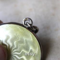 Antique Edwardian Large Round Solid Silver Pale Yellow Guilloche Enamel Locket with Pink and Blue Flowers on 58 Inch Long Guard Chain C1900