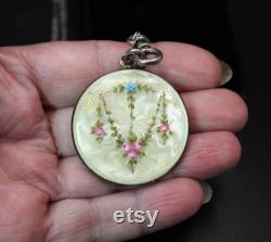 Antique Edwardian Large Round Solid Silver Pale Yellow Guilloche Enamel Locket with Pink and Blue Flowers on 58 Inch Long Guard Chain C1900