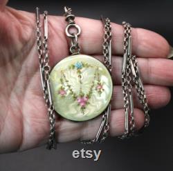 Antique Edwardian Large Round Solid Silver Pale Yellow Guilloche Enamel Locket with Pink and Blue Flowers on 58 Inch Long Guard Chain C1900