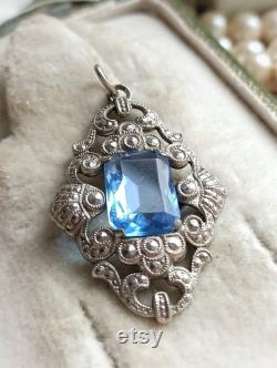 Antique French Art Deco Aquamarine Glass Stone Silvered Ornate Pendant, Sky Blue Stone Ornate Pendant, Romantic Wedding, Gift for Her