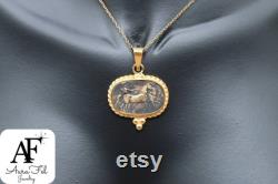 Antique Greek Intaglio Horse 925 Sterling Silver Necklace, Solid Sterling Necklace Gift For Her Mothers Day